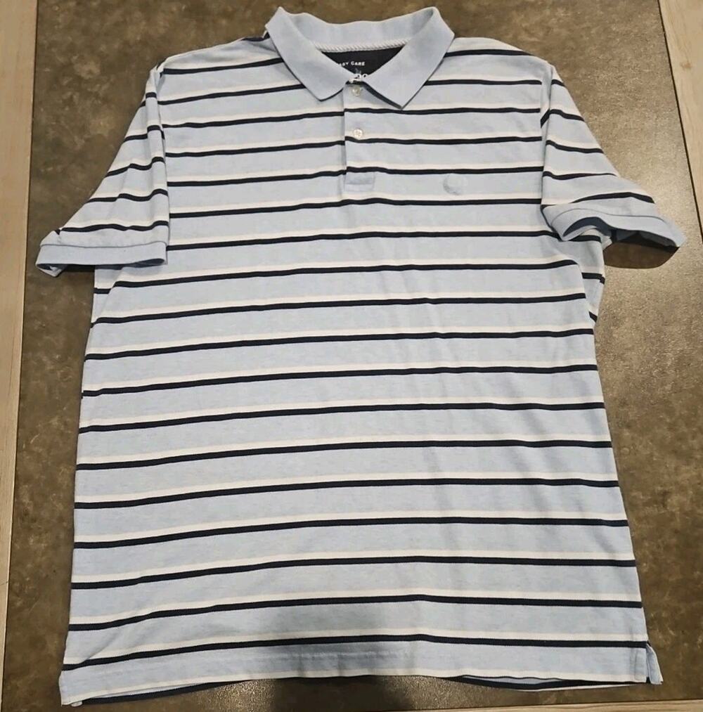 Chaps Polo Shirt Mens Large Blue Black White Striped Cotton Easy Care Classic Fi